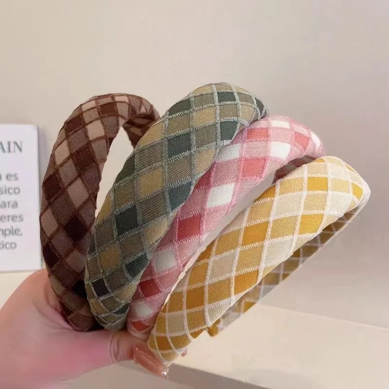 Women's High Skull Top Wide Edge Checkered Headband Harajuku Sweet Fashion Hair Accessories Spring And Summer Headband For Girls