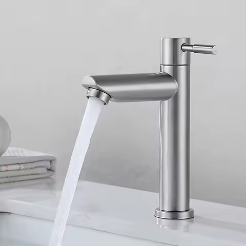 Basin Faucet 304 Stainless Steel Single Cold Water Tap Black Silver Color Deck Mounted Basin Sink Tap G1/2
