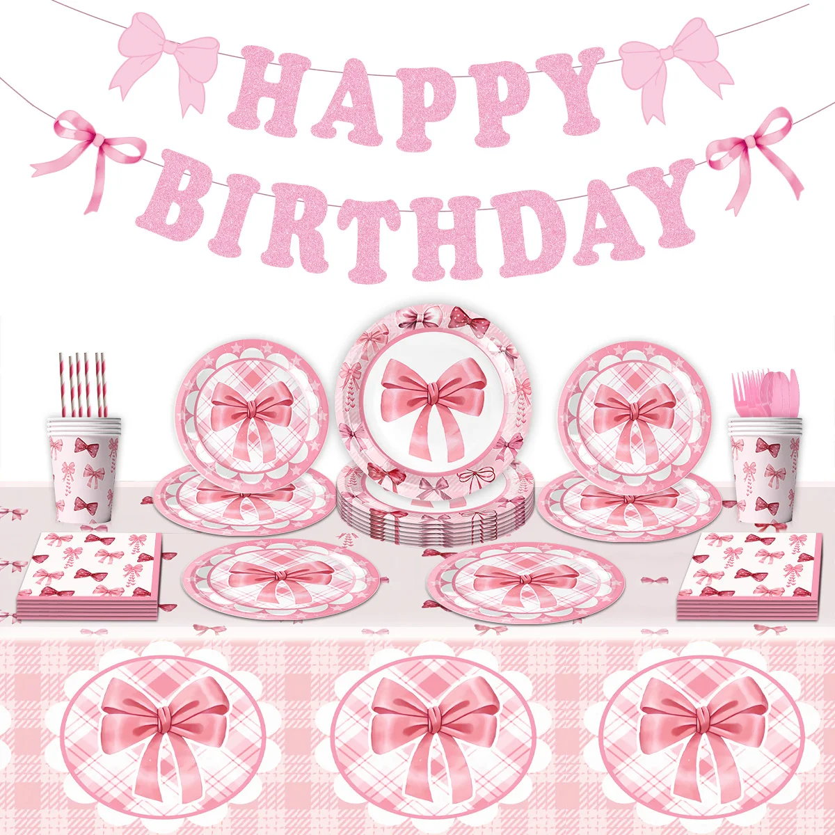 Pink Bow Birthday Theme Party Set Disposable Tableware Happy Birthday Banner Decoration Girl Bow Etiquette Wedding Decoration