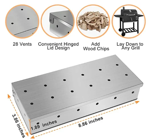 Stainless steel barbecue smoker box for burning on grills or charcoal fittings