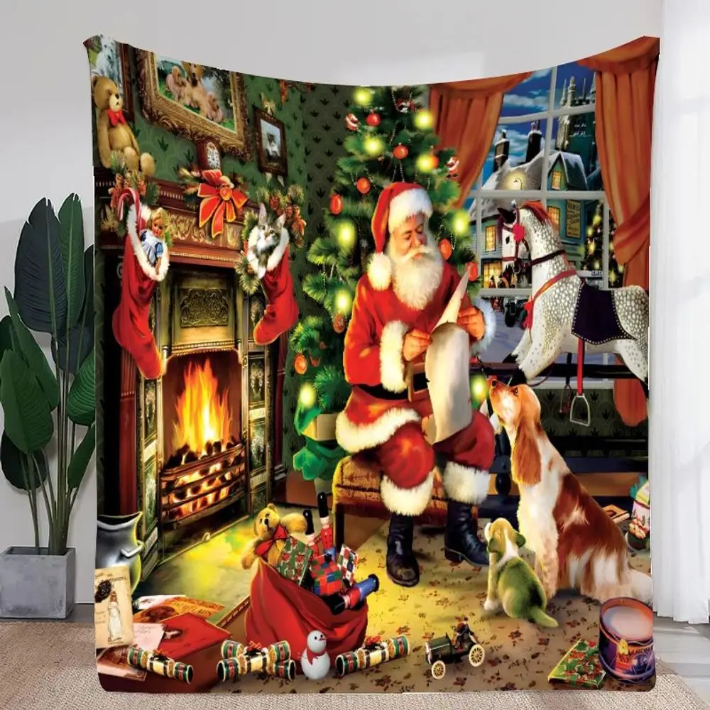 Cozy Christmas Scene Blanket - Warm Red and Green Holiday Throw Featuring Santa Claus, Decorated Tree, and Festive Fireplace - P