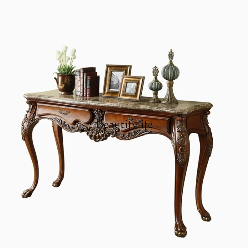 

Solid wood carving flower entrance cabinet entry decoration entrance table European marble sofa back cabinet