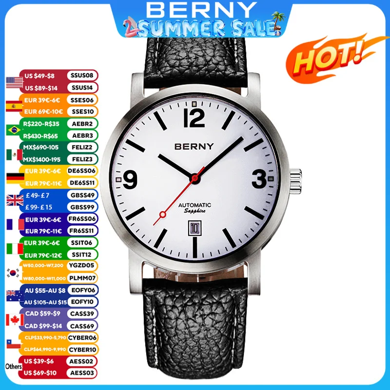 

BERNY Men Mechanical Wristwatch 5ATM Waterproof Watch Casual Leather Swiss Trackway Timepiece ST1612 Luxury Automatic Men Watch