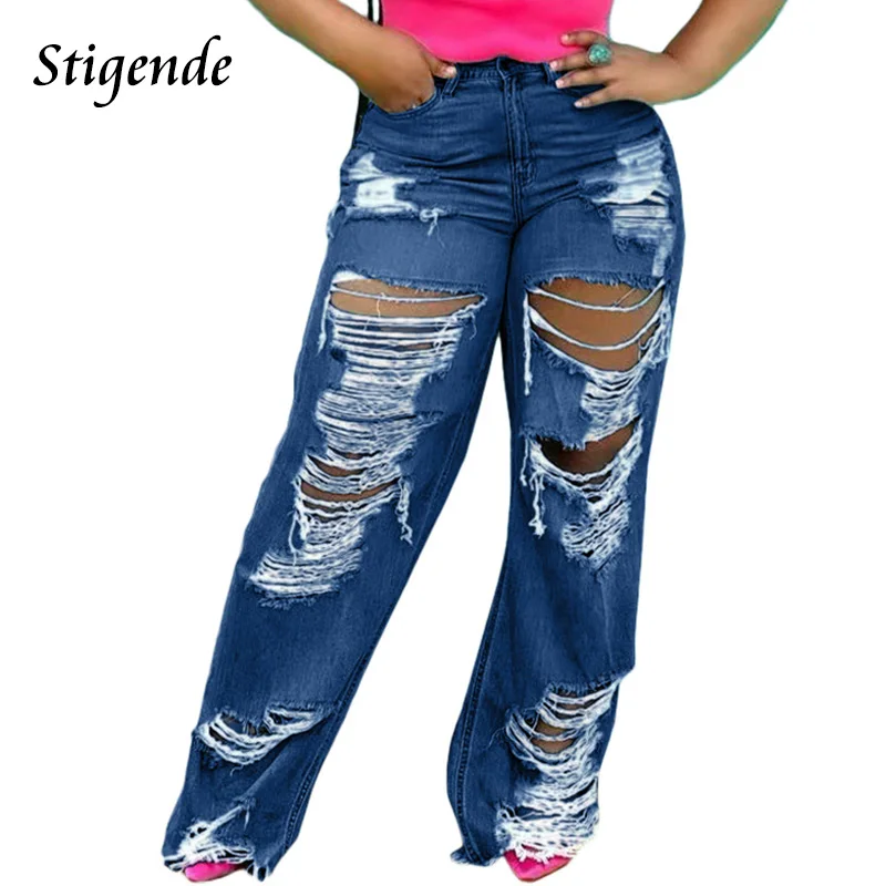 Stigende Sexy Hole Distressed Denim Jeans Womens Ripped Wide Leg Denim Pants Streetwear