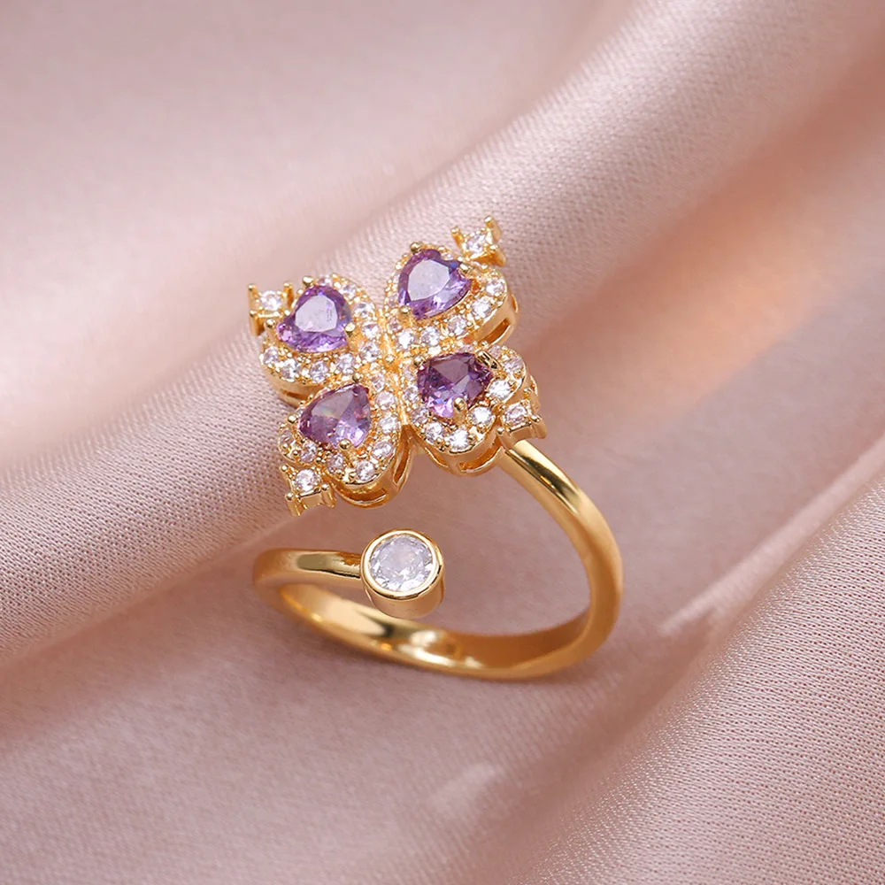Sweet Rotating Flower Purple Zircon Pendant Necklace Ring Set for Women Girls Stainless Steel Chain Party Accessories Jewelry