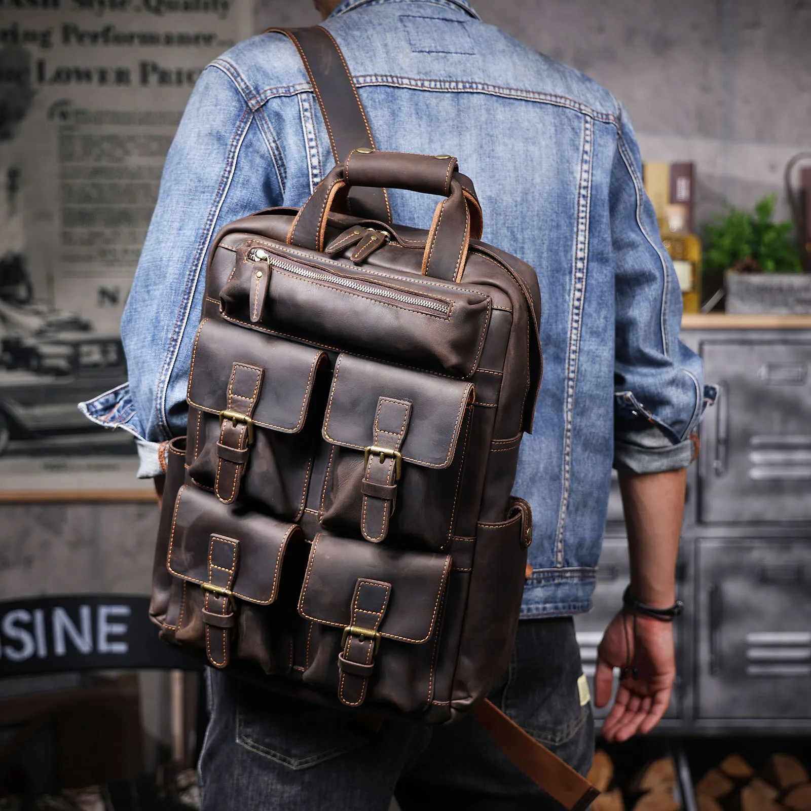 S.WORKER Vintage Echtleder-Rucksack 16 Zoll Laptop-Tasche Lässige Crazy-Horse-Leder Schultasche Outdoor-Reise-Weekender-Tasche – Detail 4