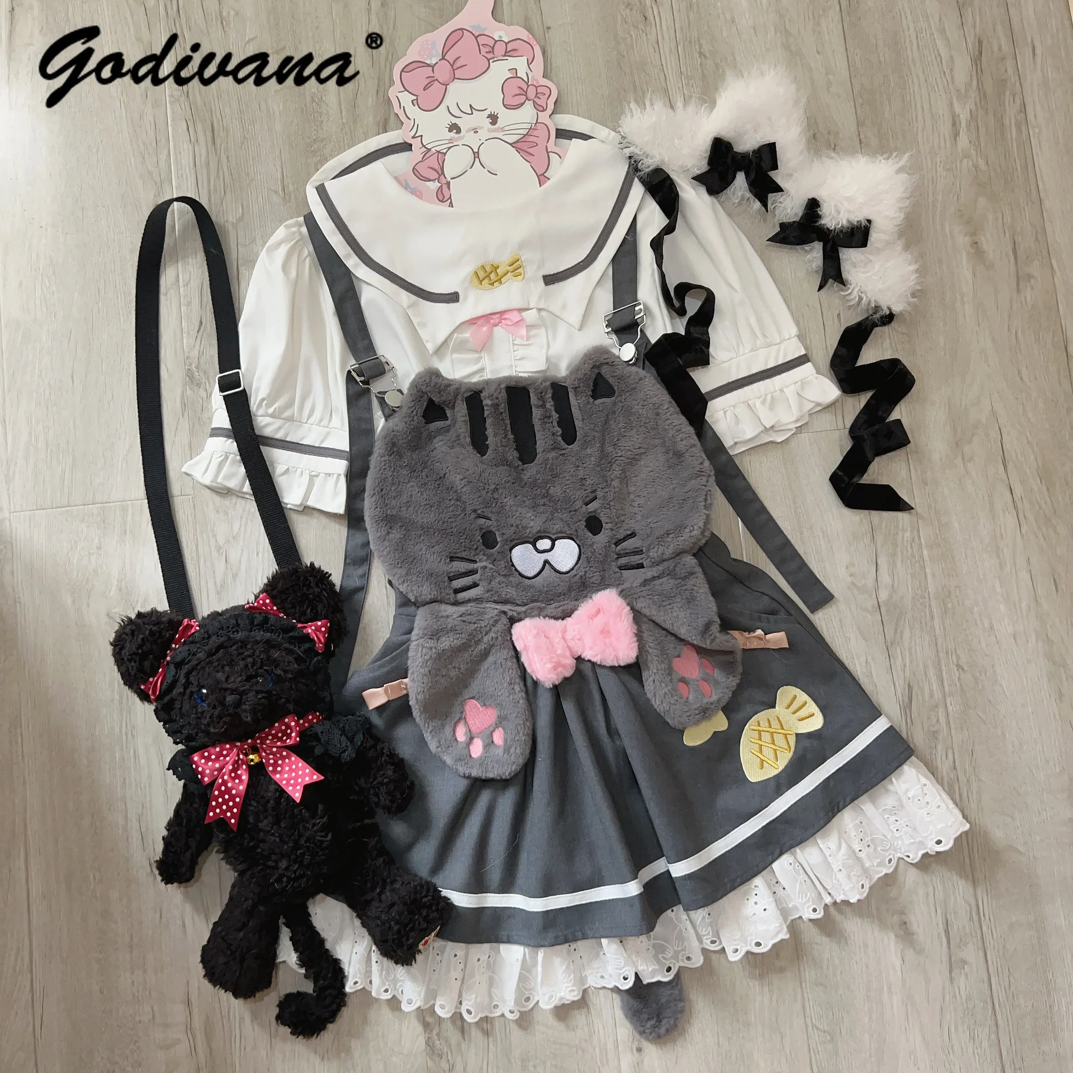 Original Soft Girls Cute Embroidered Bubble Sleeve Shirt Plush Cat Head Strap Skirt 2 Piece Set Women's Sweet Skirt Sets