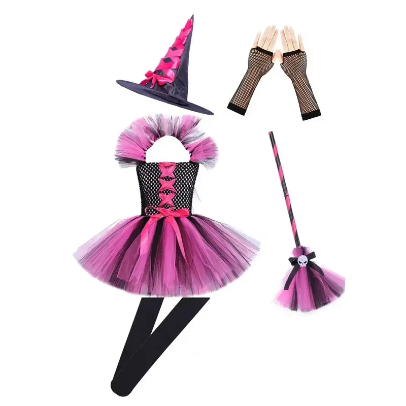 Sky01 أزياء الهالوين الساحرة التأثيرية للأطفال البنات بأكمام منتفخة من التل توتو فستان مكنسة الساحرة قبعة طماق فساتين فاخرة foSd01$