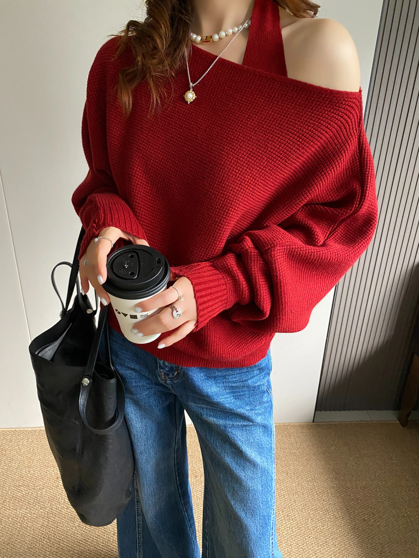 

Faionable Red Knitted Two-Piece Set for Women Ne Hanging Loose Fit Long Sve Batwing Sve Soft Breathable Korean Sle