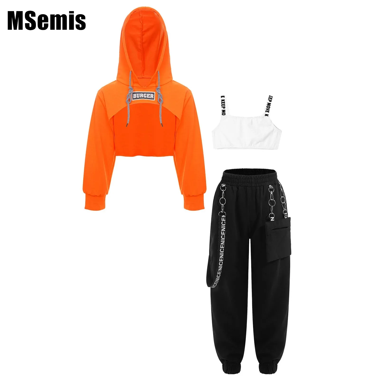 

Kids Girls Letter Print Dance Set Cropped Hoodie Sweatshirt Straps Vest Metal Chain Pocket Pants for Hip-Hop Jazz Skateboarding