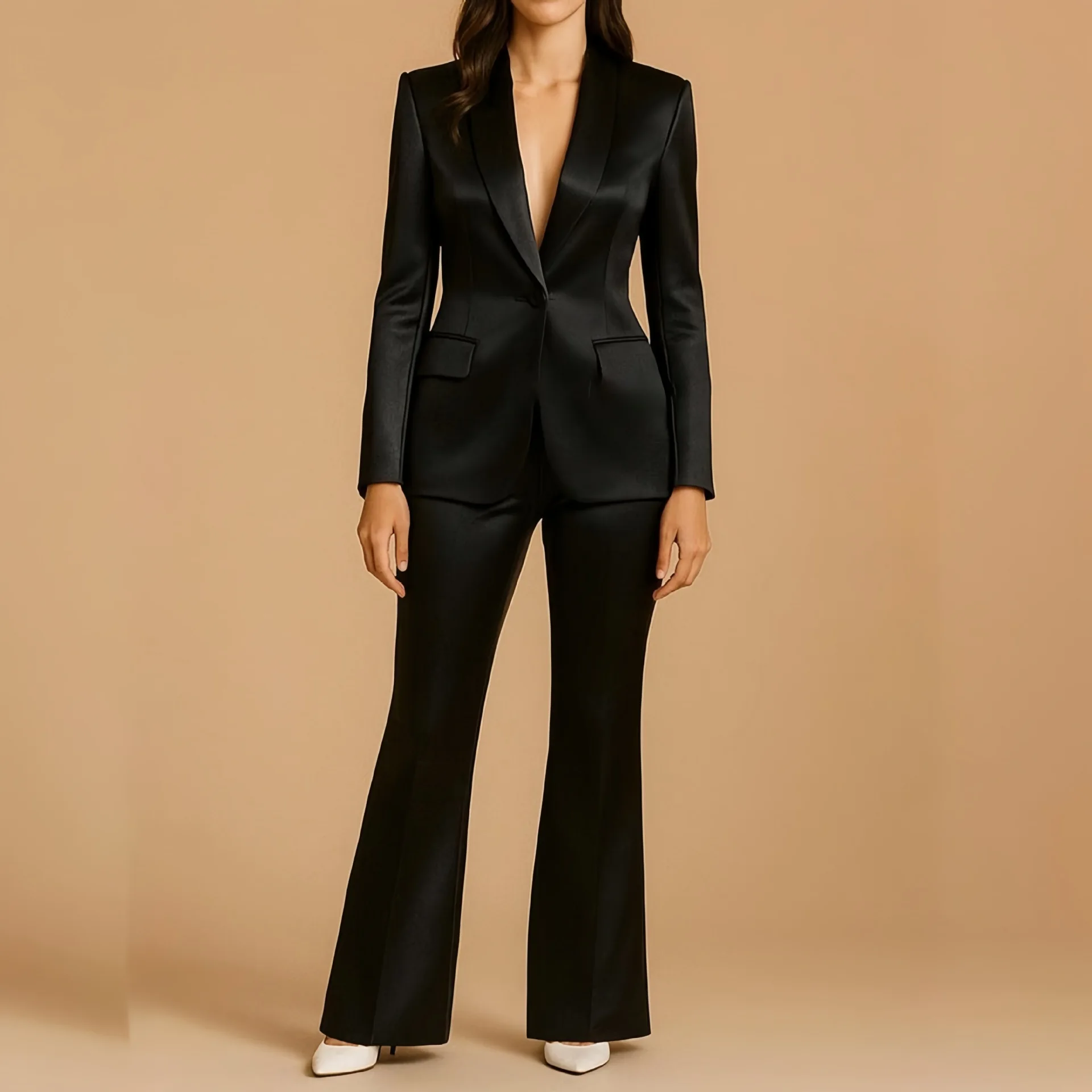 

Formal Ladies' black satin suit set; slim-fit, lapel coat with slightly flared trousers; fashionable for commuting to work.