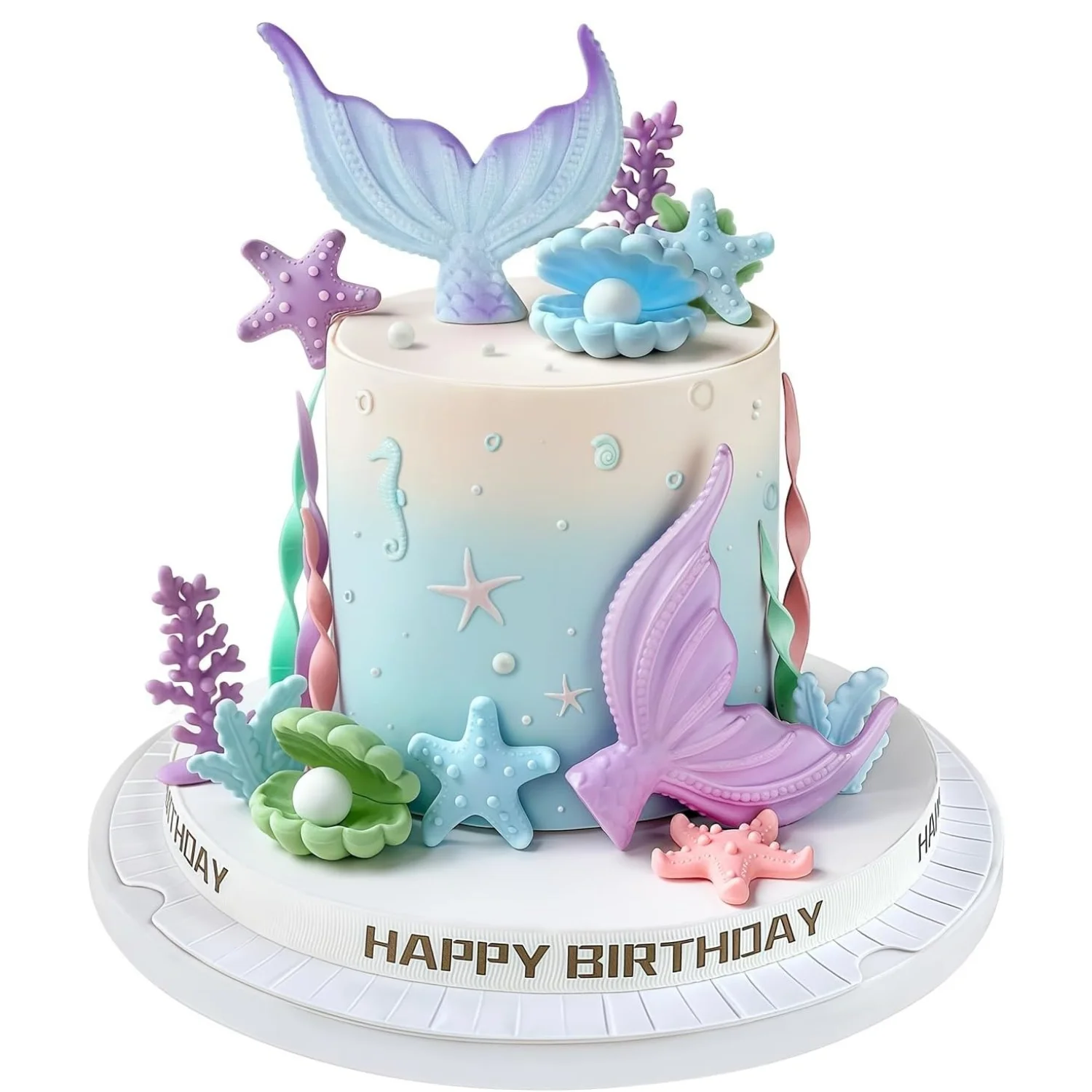 Adorno para tarta de sirena, decoraciones para tarta de cola de sirena con con conchas de algas, estrella de mar bajo el mar, decoraciones para tarta para fiesta de cumpleaños