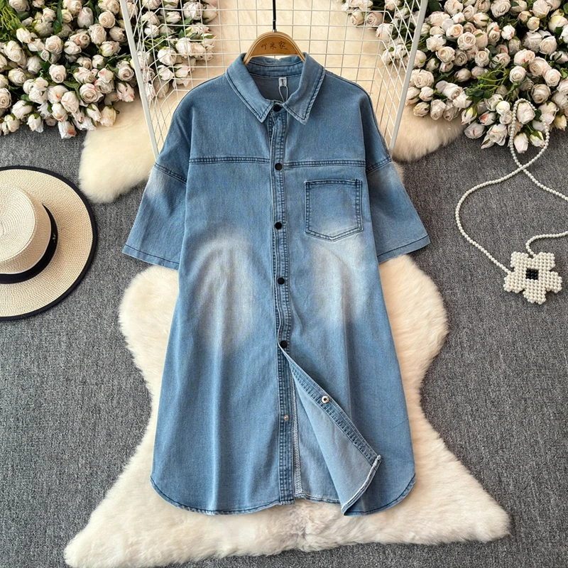 Mid-length Shirt Denim Dresses for Women Retro Loose Short Sleeve Dress Summer New Korean Casual Single-breasted Laple Dress