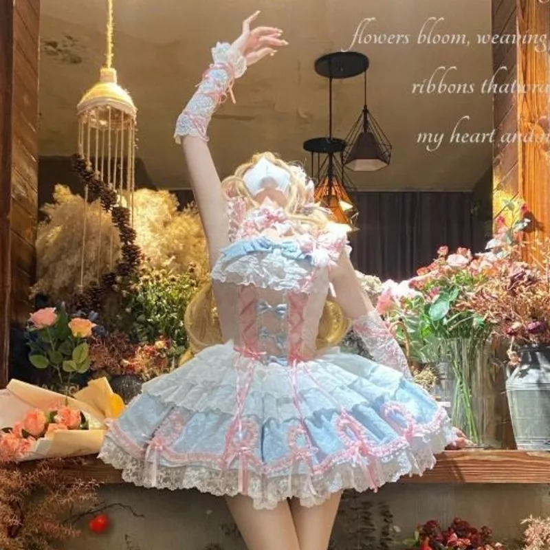 Vestidos de renda arco y2k jk original lolita jsk borboleta doce azul rosa em camadas plissado espartilho roupa princesa festa cosplay novo