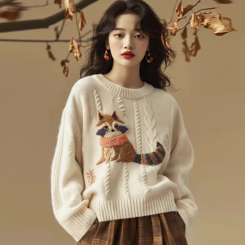 

Women's Autumn Winter Fashion Cartoon Sweater Pullover Lady Casual Loose O-Neck Long Sleeve Knit Tops Knitwear Female