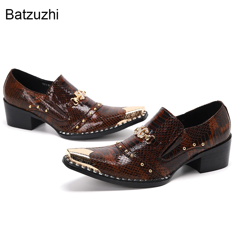 Batzuzhi  Men\'s Shoes Italian Style Pointed Metal Toe Leather Dress Shoes Men Slip on Oxfords Shoes for Men\'s Party and Wedding