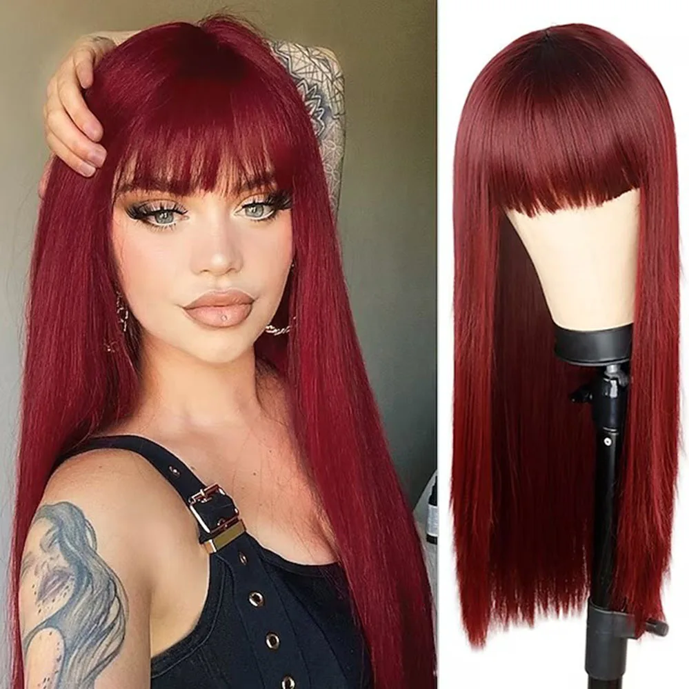 Wig anggur merah anggur untuk wanita-Wig rambut sintetis lurus alami panjang dengan poni rapi, Ideal untuk permainan kostum, pesta Natal