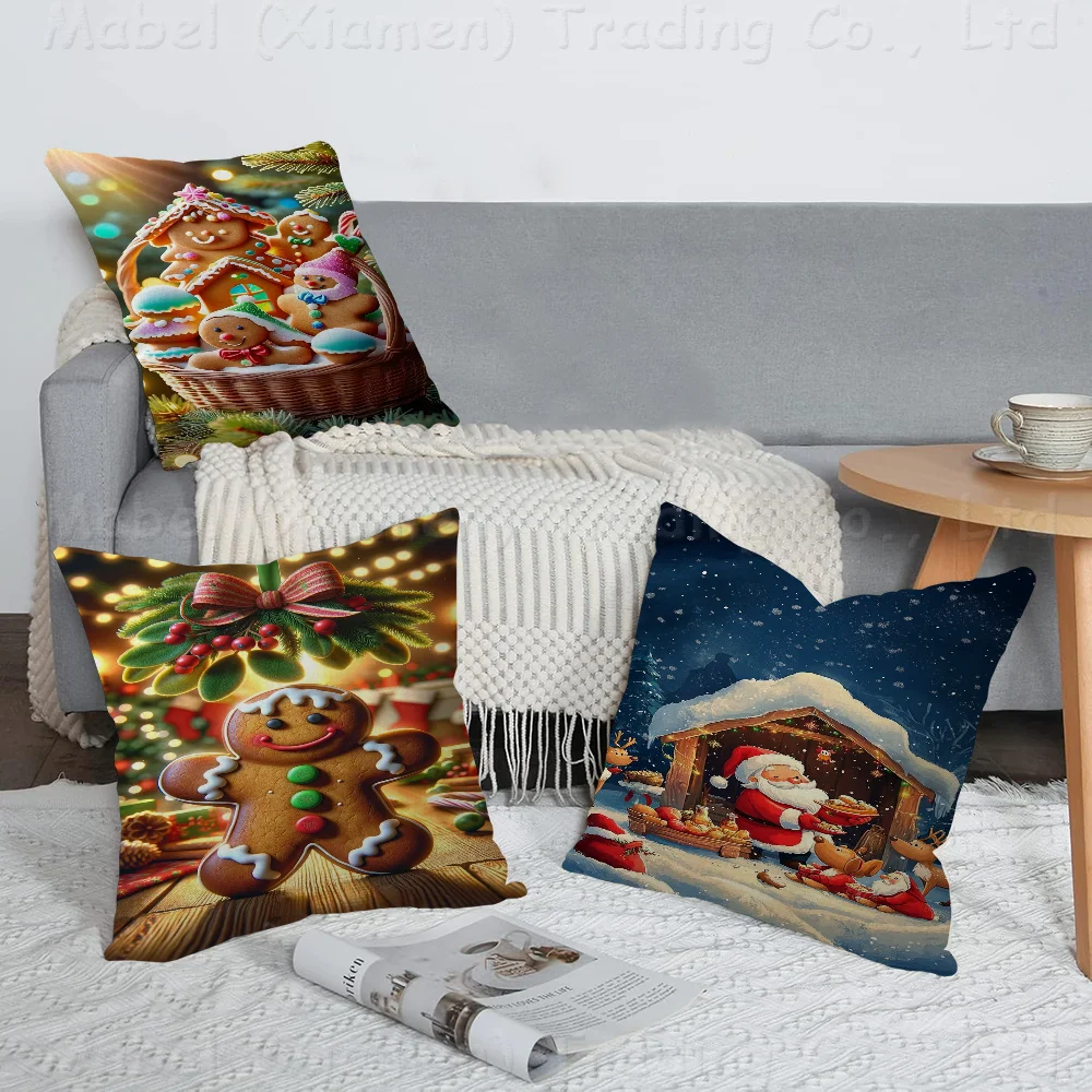 

Holiday Poster Christmas Bells Gingerbread Man Santa 45*45cm Cushion Cover Pillow Cover Decor Home Pillowcase For Couch Pillow