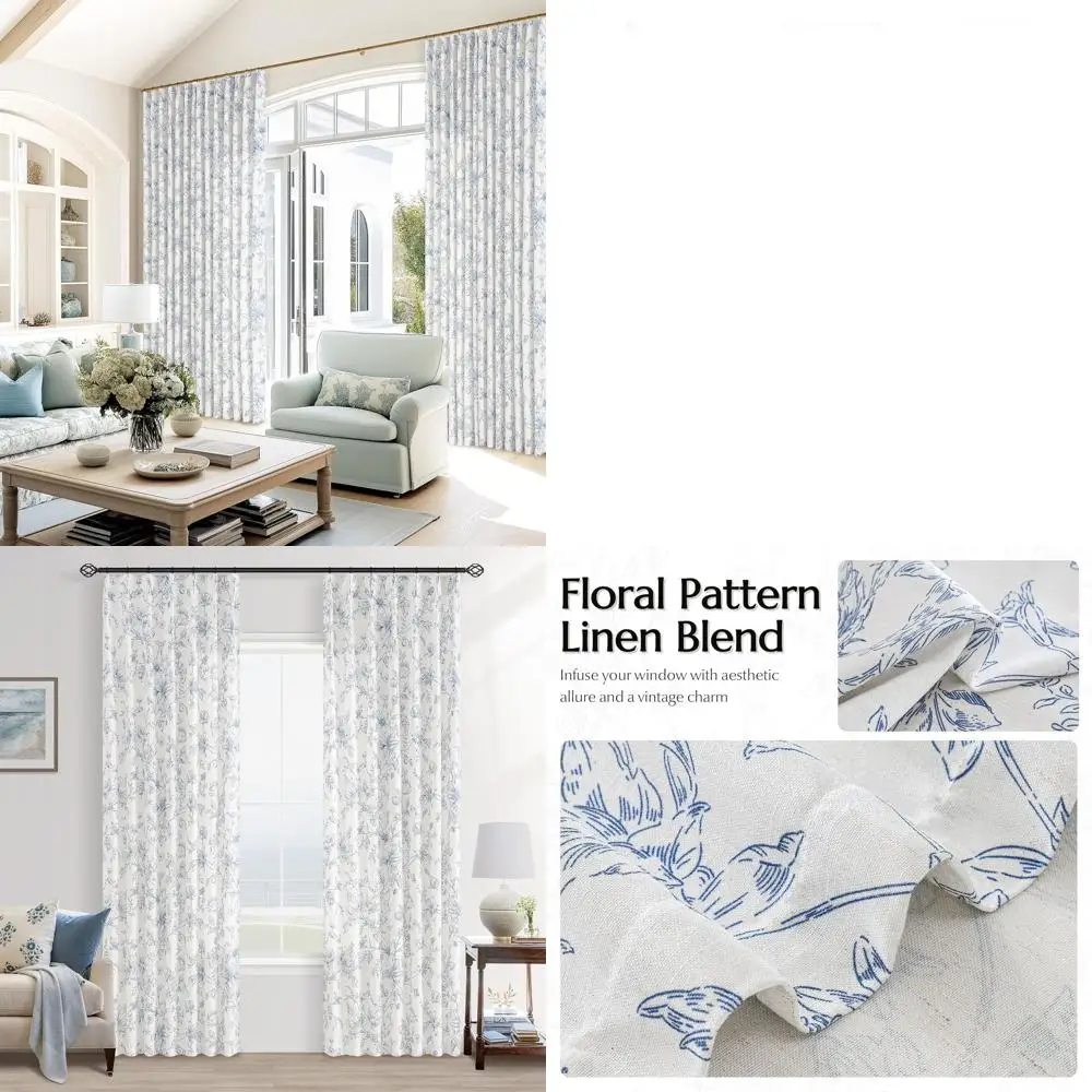 

Navy Blue Floral Linen Curtains with Pinch Pleats, 84 Long, Peony Pattern for Coastal Living Rooms and Bedrooms