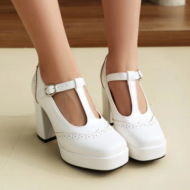 

2025 Platform High Heels Women's Spring Autumn Pumps Shoes Wine Red Black Retro Thick Soled Jane Ankle Buckle 9cm Chunky Heels