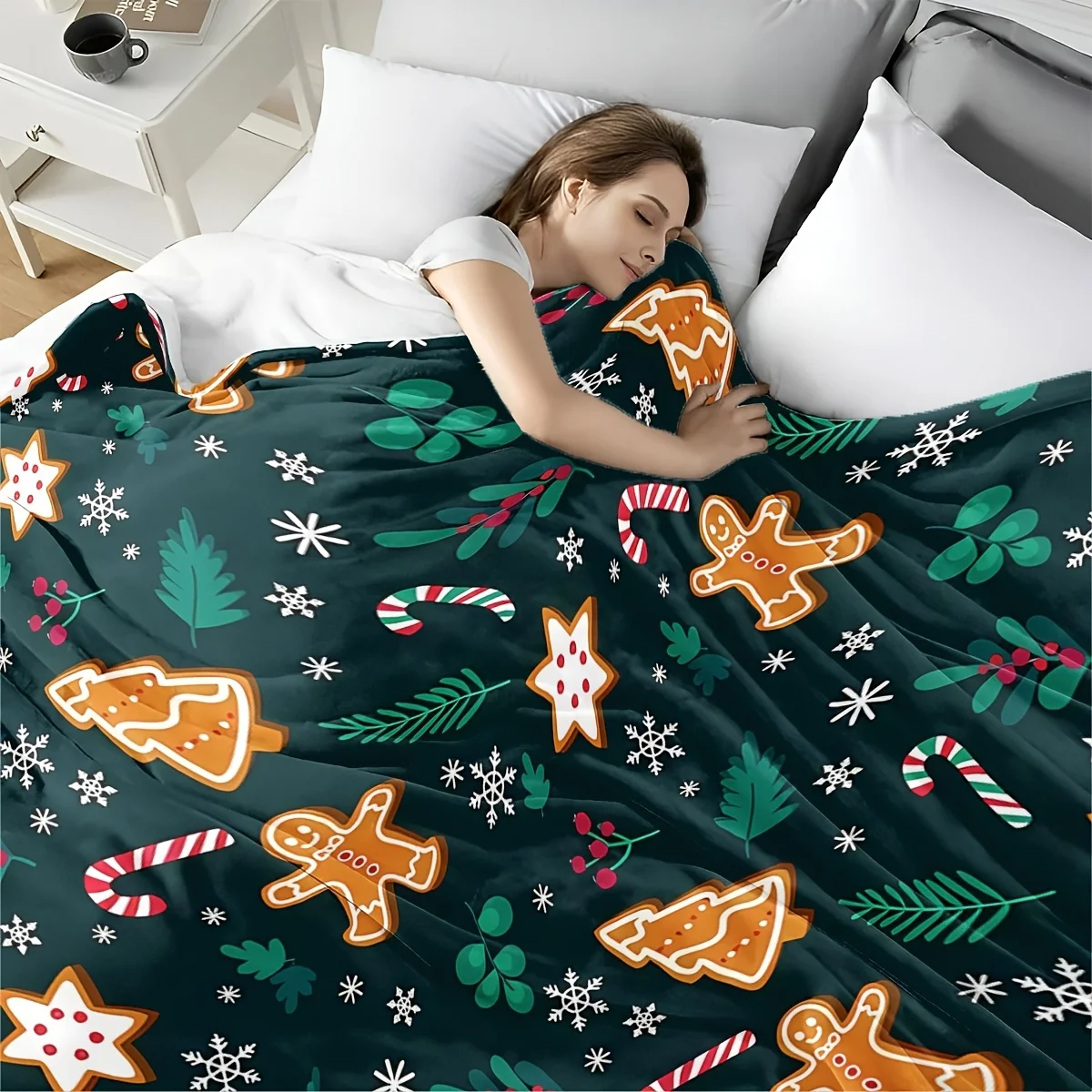 1pc Kerst Peperkoek Heren Flanellen Deken - Groene Vakantie Gooi met Sneeuwvlokken & Snoepstokken, Zacht Gezellig All-Season Indoor/O