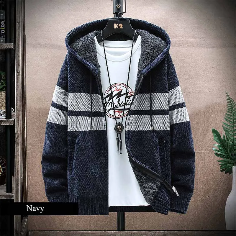 FALIZA New Spring Mens Hooded Cardigan Jumpers Striped Sweater Coat Thick Fleece Warm Zipper Wool Men Knitted Chenille Sweaters