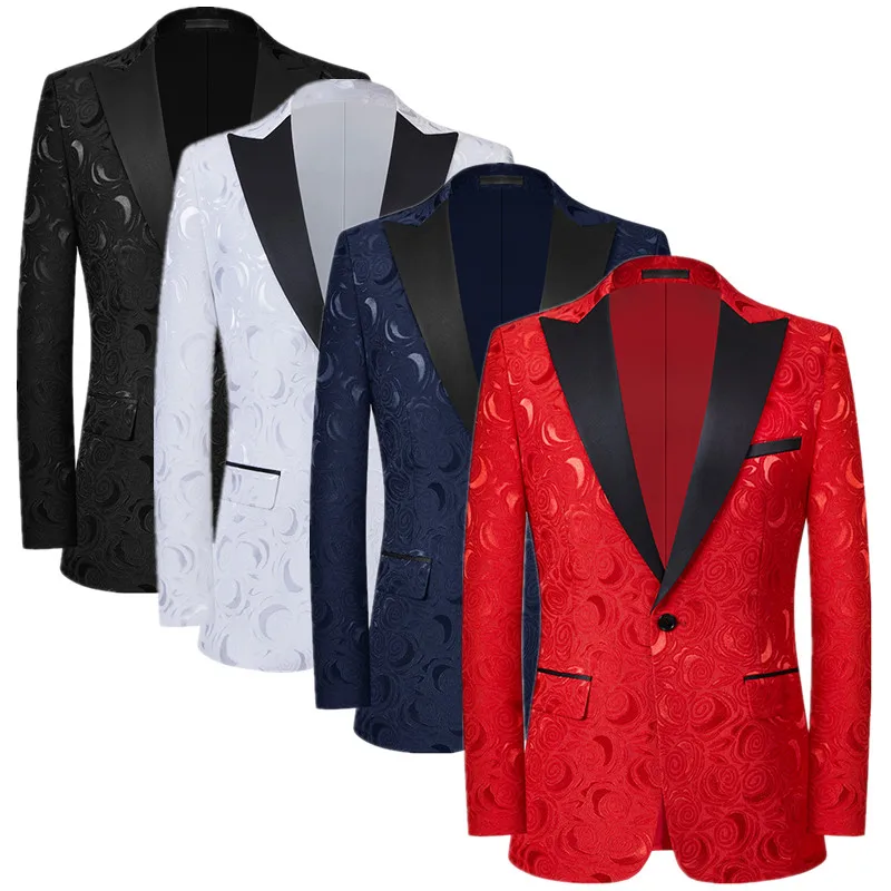 

Классический красный жаккардовый костюм, мужской приталенный пиджак с розой, модные мужские свадебные, танцевальные, вечерние платья, пиджаки на одной пуговице