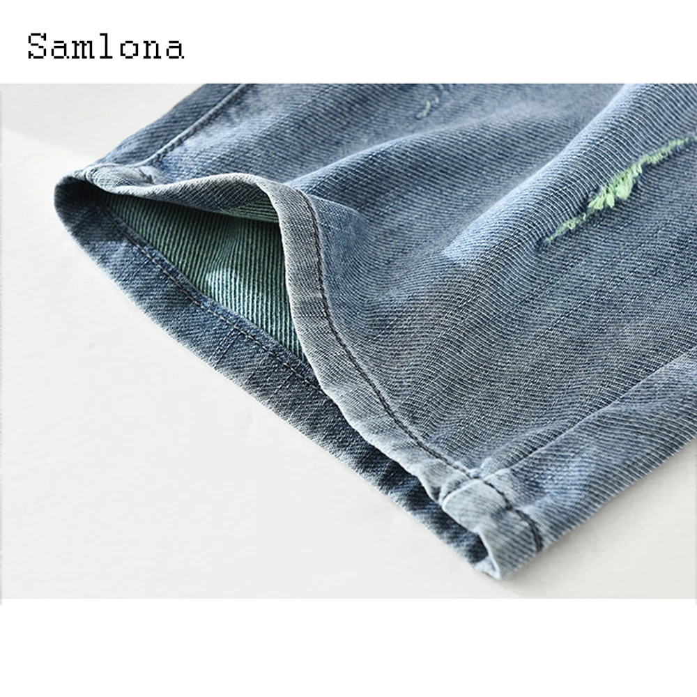 Samlona Men Latest Demin Shorts 2022 Summer New Sexy Lace-up Shorts Plus size Male Fashion Ripped Demin Short Pants Grey Blue