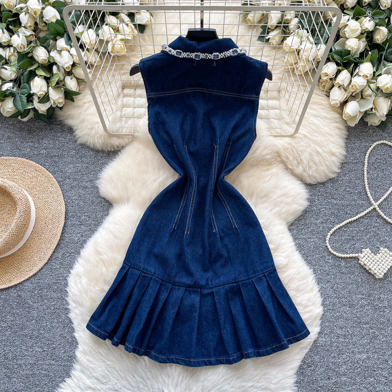 Chic vintage senza maniche strass Elegante fata moda coreana Boho Sundress abbigliamento donna mini abito