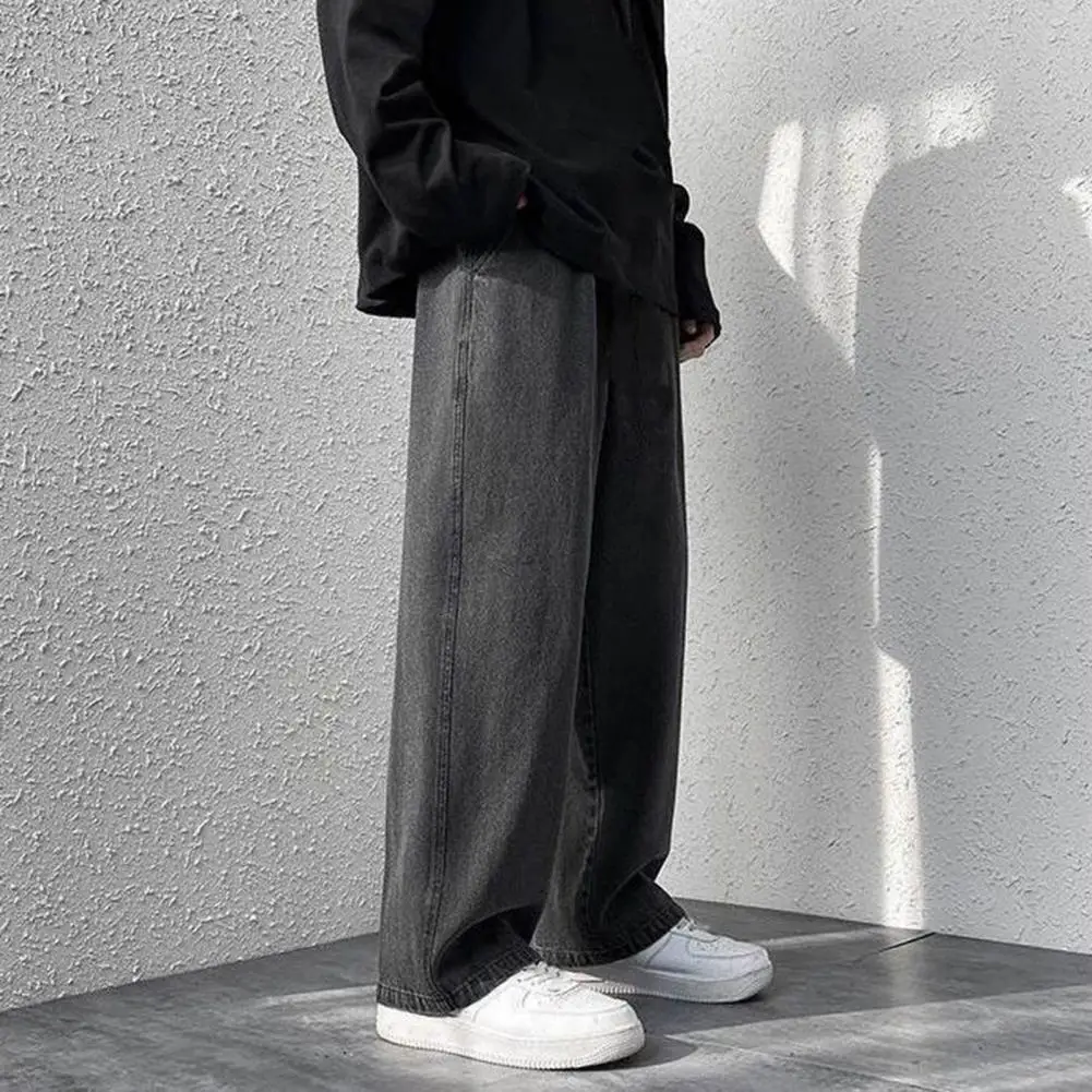 Korean Men's Casual Long Jeans  Loose Retro Straight Baggy Pants Denim Wide-leg Pants Light Blue Grey Black Retro Washed Jeans