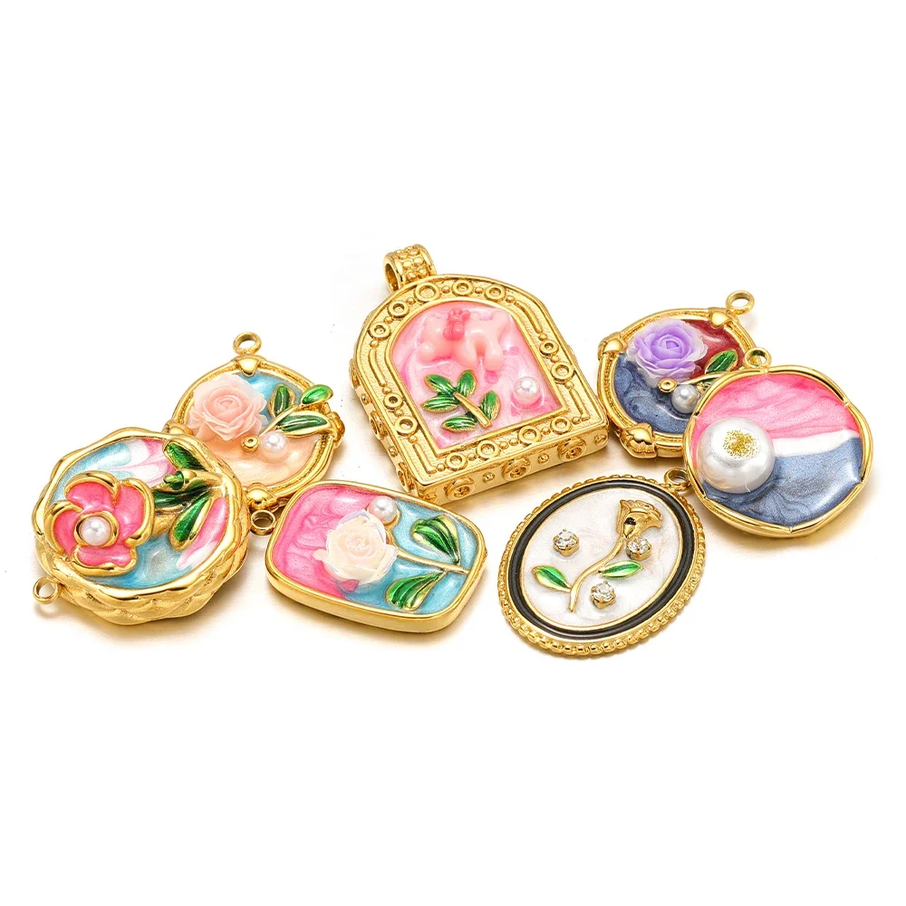 

3pcs/lot Relief Rose Flower Pendants Stainless Steel Vintage Enamel Charms DIY Fashion Jewelry Findings Bracelet Necklace Making