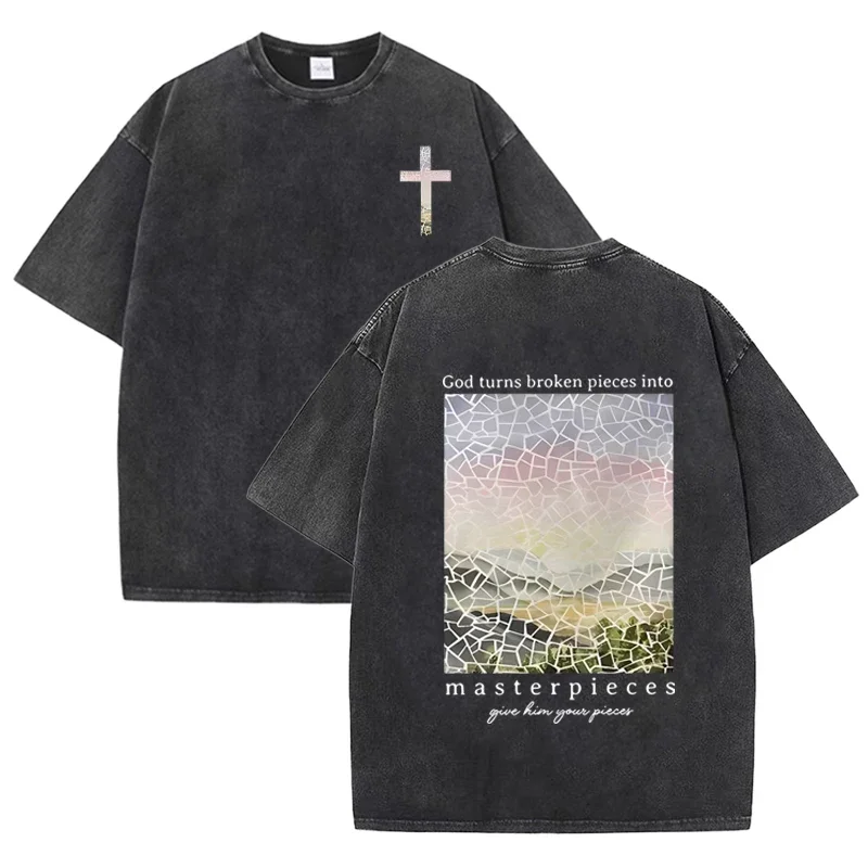 T-shirt vintage délavé effet vieilli, motif croix et paysage mosaïque God Masterpieces, coupe ample, manches courtes, Faith, taille asiatique
