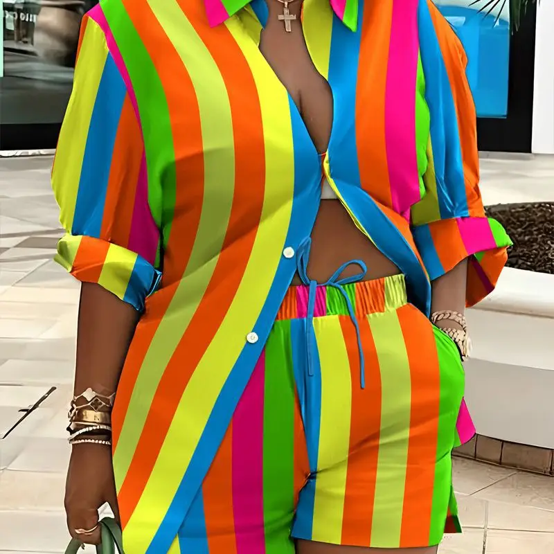 

Wepbel Women Summer Striped Printed Shirts Top Rainbow Stripe Print Buttoned Shirt & Shorts Set Casual Short Pants Suit