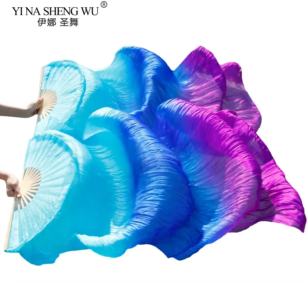 1 زوج الحرير الحقيقي الرقص المشجعين الخيزران الأضلاع مرحلة الأداء الدعائم مصبوغ المشجعين النساء الرقص الشرقي الحرير المشجعين الفيروز + الأزرق الملكي + الأرجواني #3