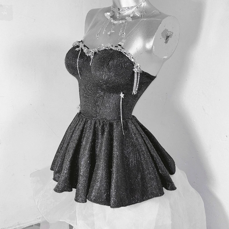 Origineel ontwerp zware industrie puur zwart gothic sprankelende pailletten dames sling punk 2025, nieuwe zoete coole sexy shorts pak dames