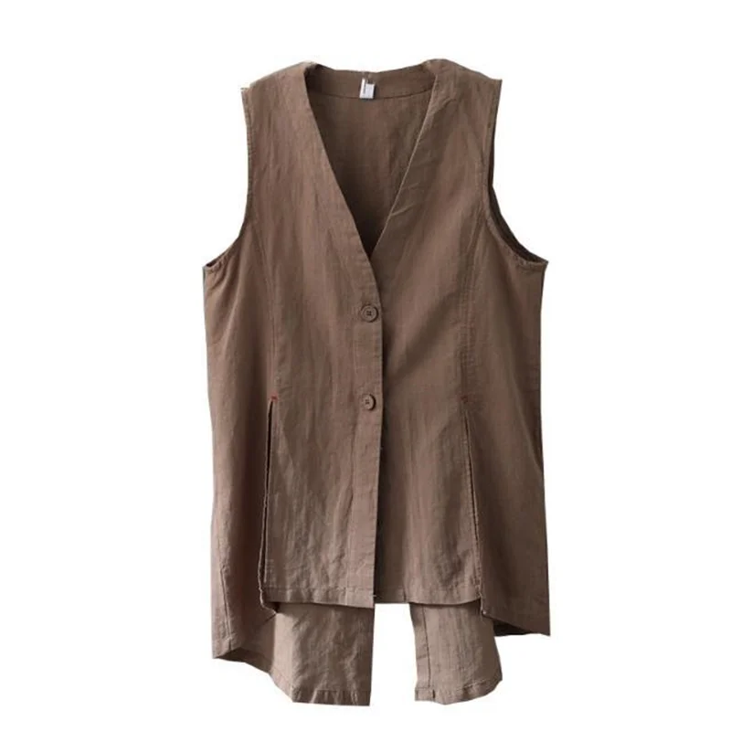 Leisure Cotton And Linen Vest Jacket Loose Casual Med-Length Coat Sleeveless Vest Female Irregular V-Neck Waistcoat White Black