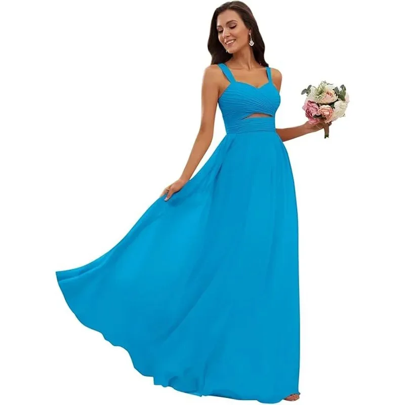 تخصيص السباغيتي الأشرطة فساتين وصيفة الشرف الشيفون ألف خط الخامس الرقبة عارية الذراعين حفل زفاف فستان الضيوف عارية الذراعين متقاطع