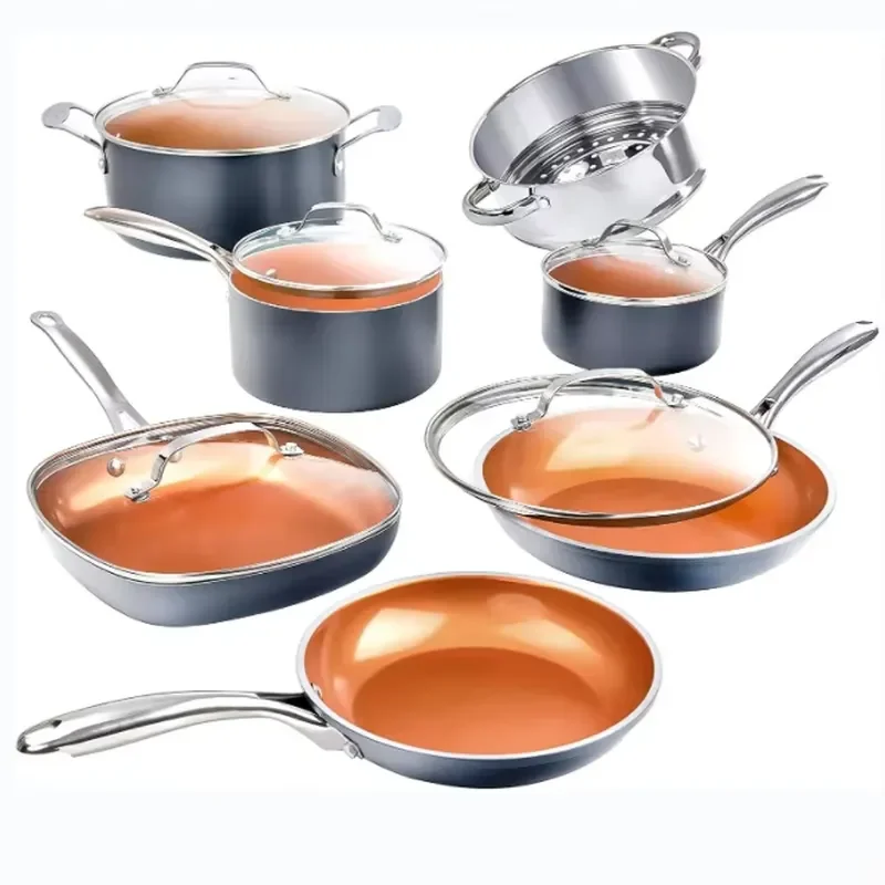 12-Piece Stainless Steel Cookware Set Ceramic Non-Stick Coating Includes Pots Fry-Copper Silk Color Long Handle Classic Glass