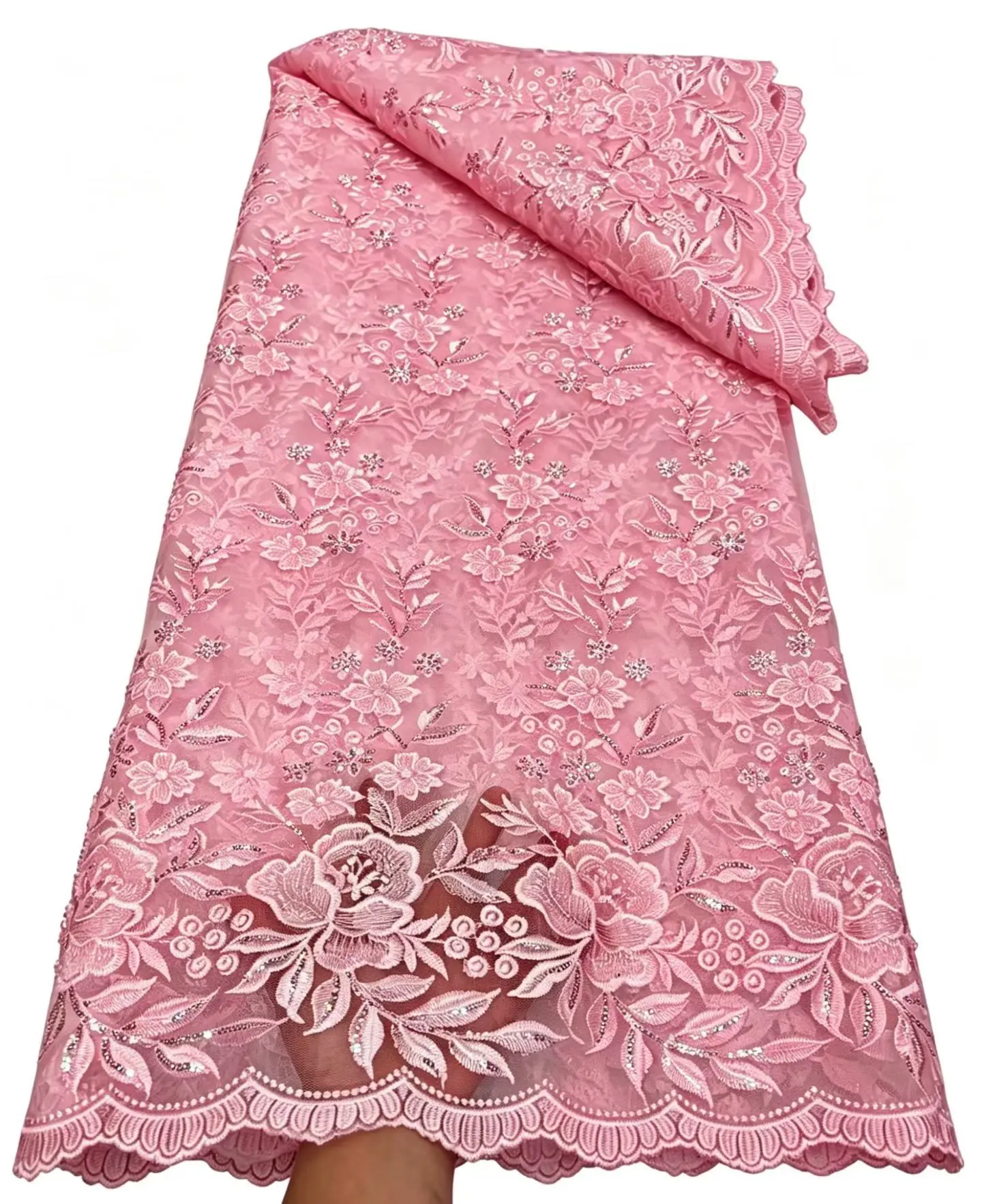 

Latest Pink African Handmade Beads Sequins Lace Fabric 2026 High Quality Beaded French Nigerian Lace Fabric For Dress Sewing