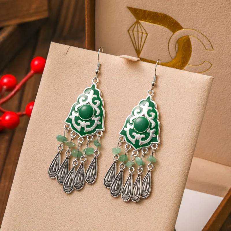 New Ethnic Irregular Natural Stone Metal Water Drop Earrings for Women Vintage Drop Oil Pattern Silver Color Earring Jewelry