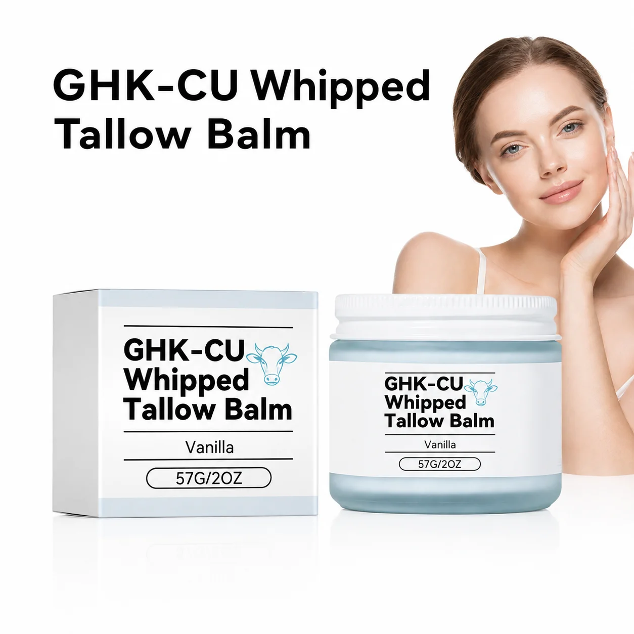 Whipped Beef Tallow Face Cream with GHK-Cu Copper Peptides Vanilla Deep Moisturizing Non-Greasy Balm for Dry Sensitive Skin