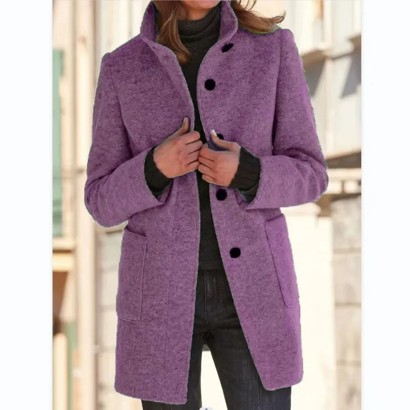 Vintage Women Overcoat Solid Button Stand Collar Woolen Coat Female Autumn Winter Fashion Long Casual Thick Ladies Jacket