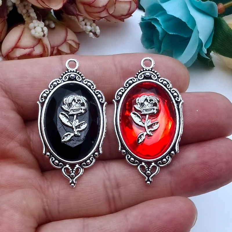 5pcs 42*23mm Gothic Red and Black Crystal Rose with Frame Embossed Accessories DIY Crafts Making Charm Pendant Jewelry Making