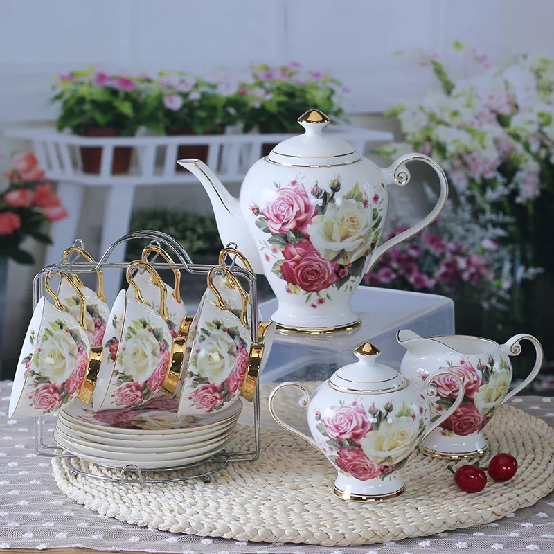 

15Piece-Set, Delicate Bone China Coffee Cup Set, European Vintage Tea cup,Tea Kettle Coffee Teapot and Tea Cup and Saucer Set