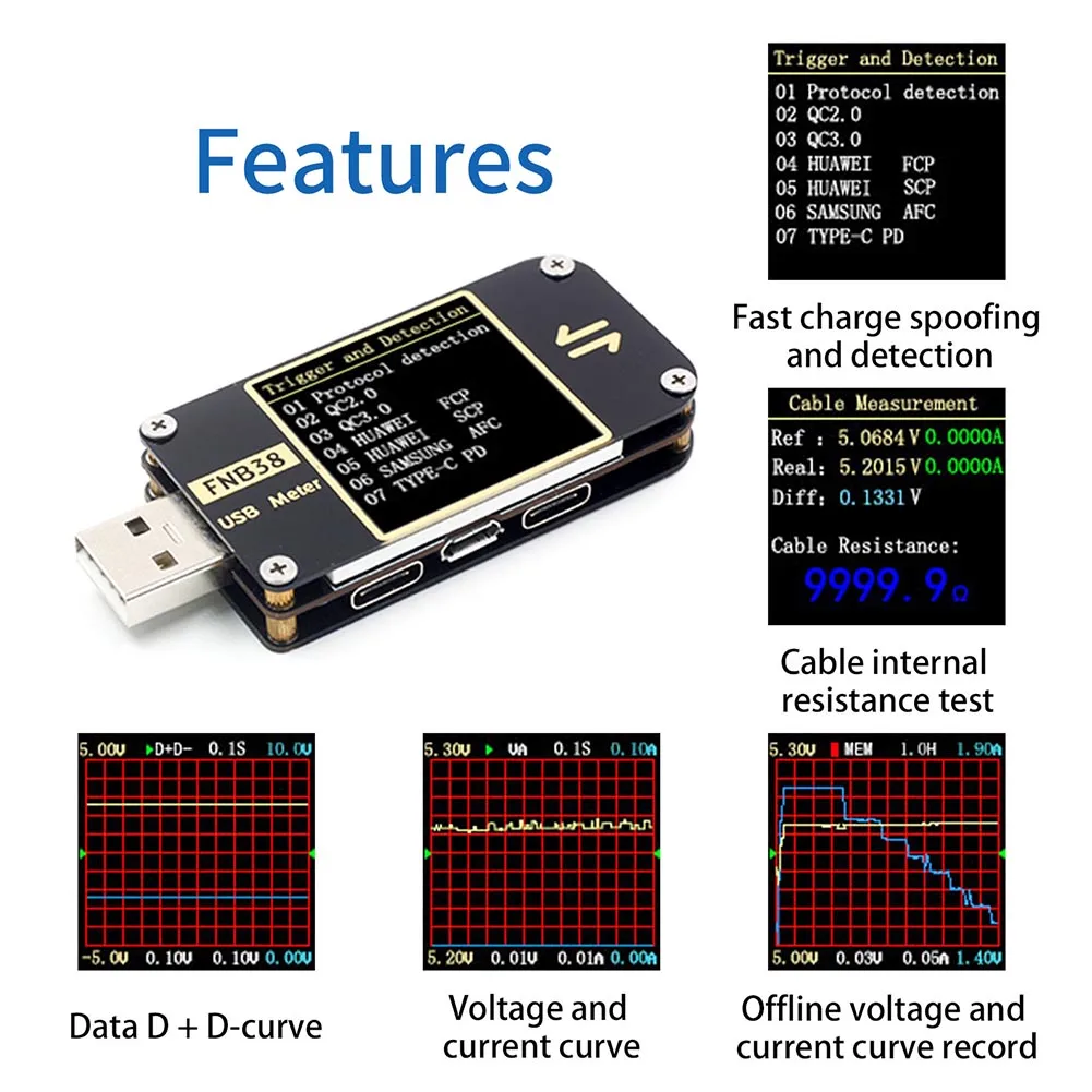 

Портативный USB-измеритель тока и напряжения FNB38 для QC4 + PD3 0 2 0, обнаружение протокола быстрой зарядки с функцией хранения данных