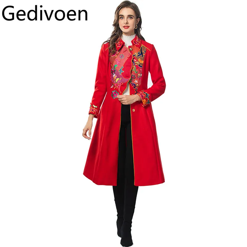 

Gedivoen Autumn/Winter Designer Coat Women Turn-Down Collar Single-breasted Lace-Up Tunic Long-Sleeved Embroidery Overcoat