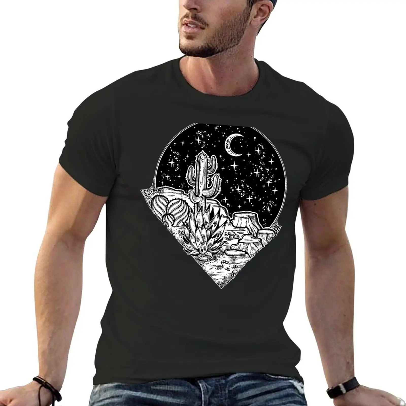 Decorative antique hourglass with mountains, stars and moon illustration. T-Shirt cute tops men clothing