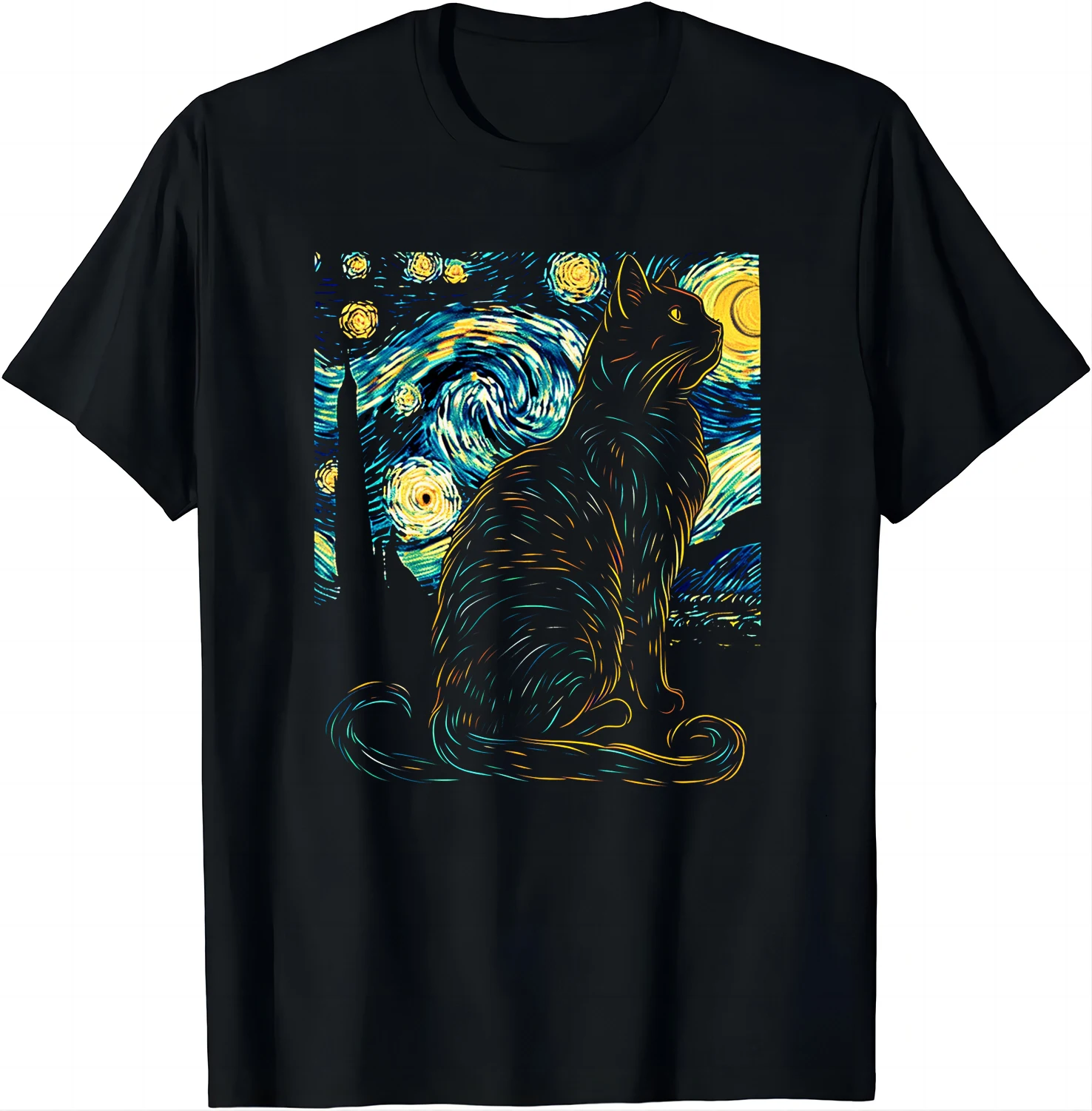 Cat Under The Stars Tee - Van Gogh Style T Shirt  Graphic T Shirts Women Men Clothing Tops Camisas Streetwear Ropa De Hombre