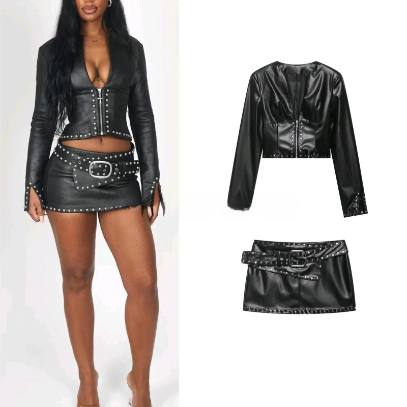 

Women's Fashion PU Leather Zipper Jacket And Skirt Set Long Sleeve Deep V Neck High Waist with Belt Spring Season