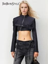 TWOTWINSTYLE Streetwear Spliced Belt Crop Top For Women Stand Collar Long Sleeve Patchwork Zipper Designer Jackets Female New